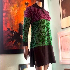 REET hot pink, green and black designs long sleeve Sweater Dress. Size XL.